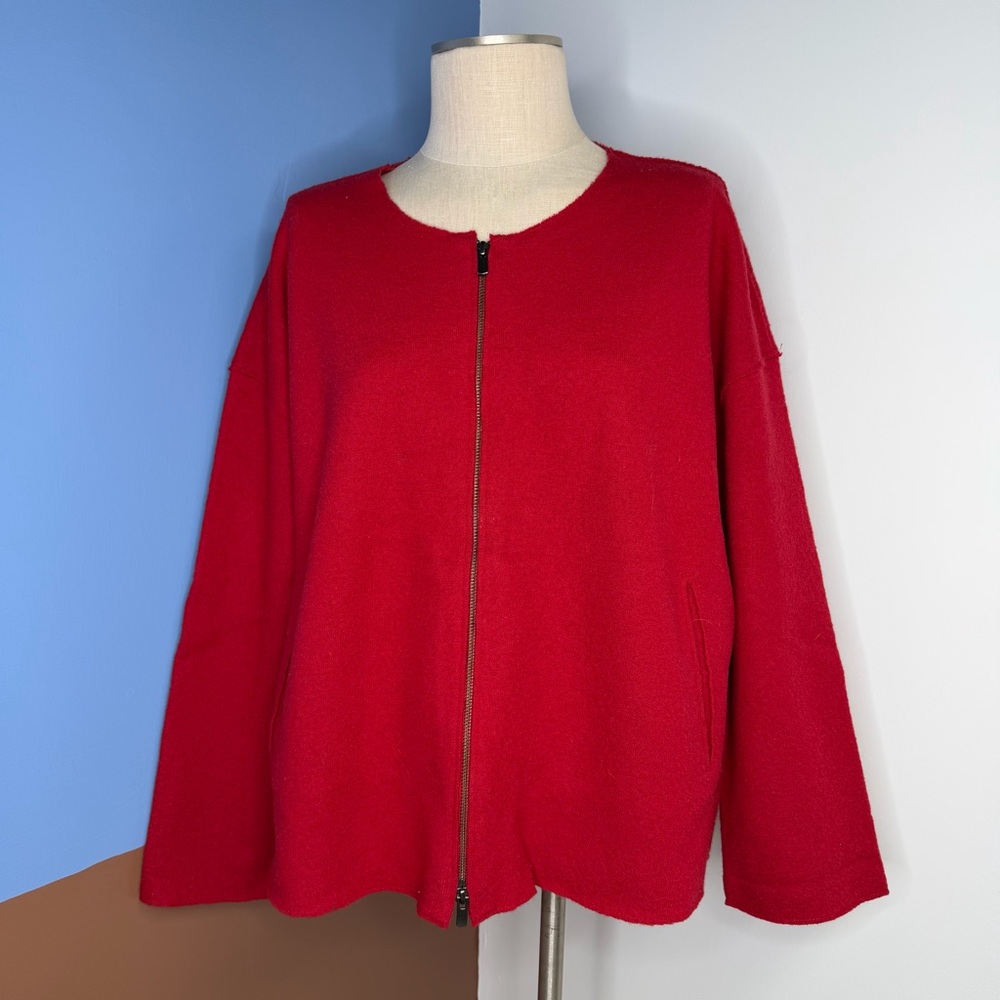 Eileen Fisher Boiled Wool Red Zip Up Sweater Jacket